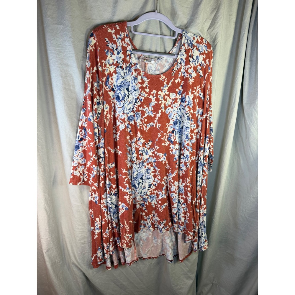 The ZigZag Stripe Rust Floral High Low Tunic Top Long Sleeve Blue White Rose XL